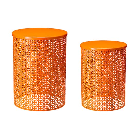Glitzhome Multi-Functional Metal Garden Stool or Plant Stand or Accent Table, Set of 2 - Orange